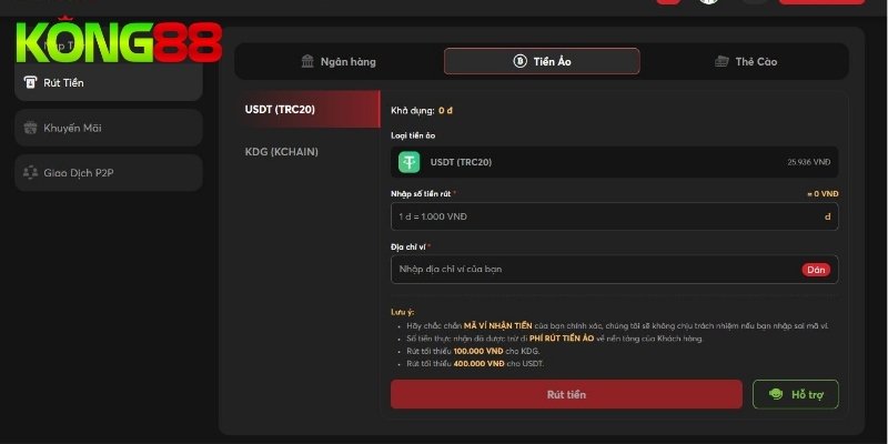 Rút tiền KONG88 cực dễ bằng tiền ảo USDT hoặc KDG